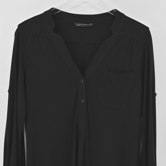 ZARA Shirt Dress Size S Black VNeck Whimsical Preppy Relaxed‎ Roll Tab Sleeve - Picture 10 of 13